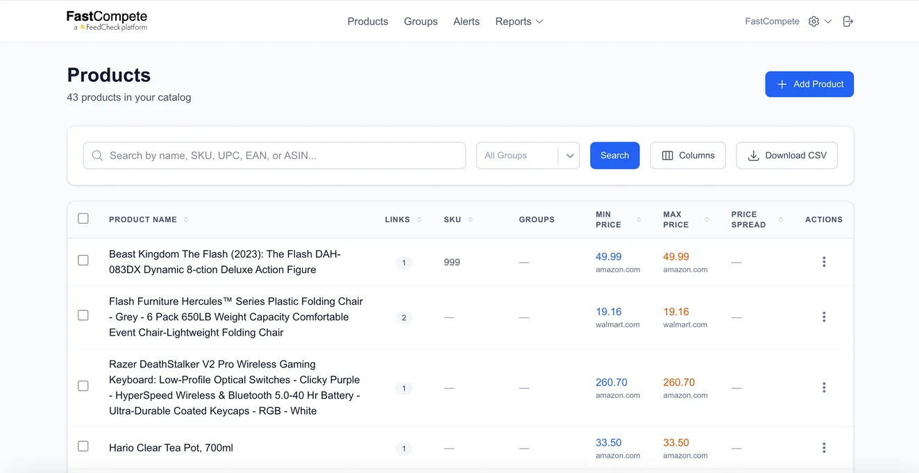 Product catalog across categories