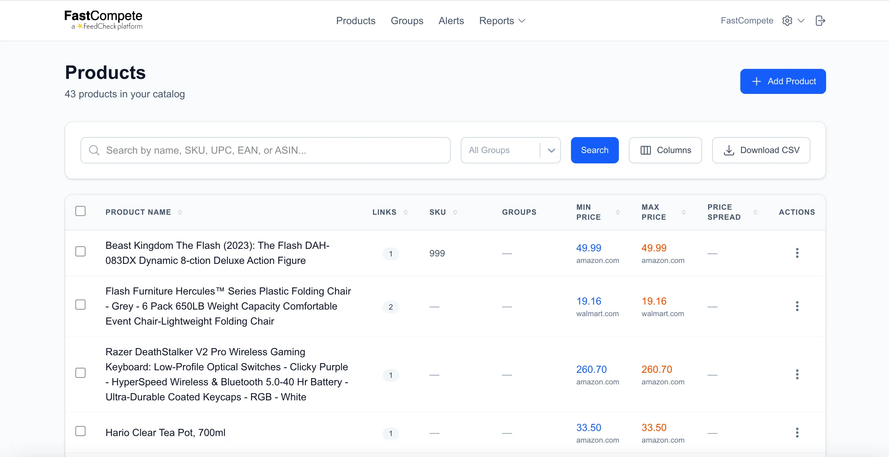 Product catalog across categories